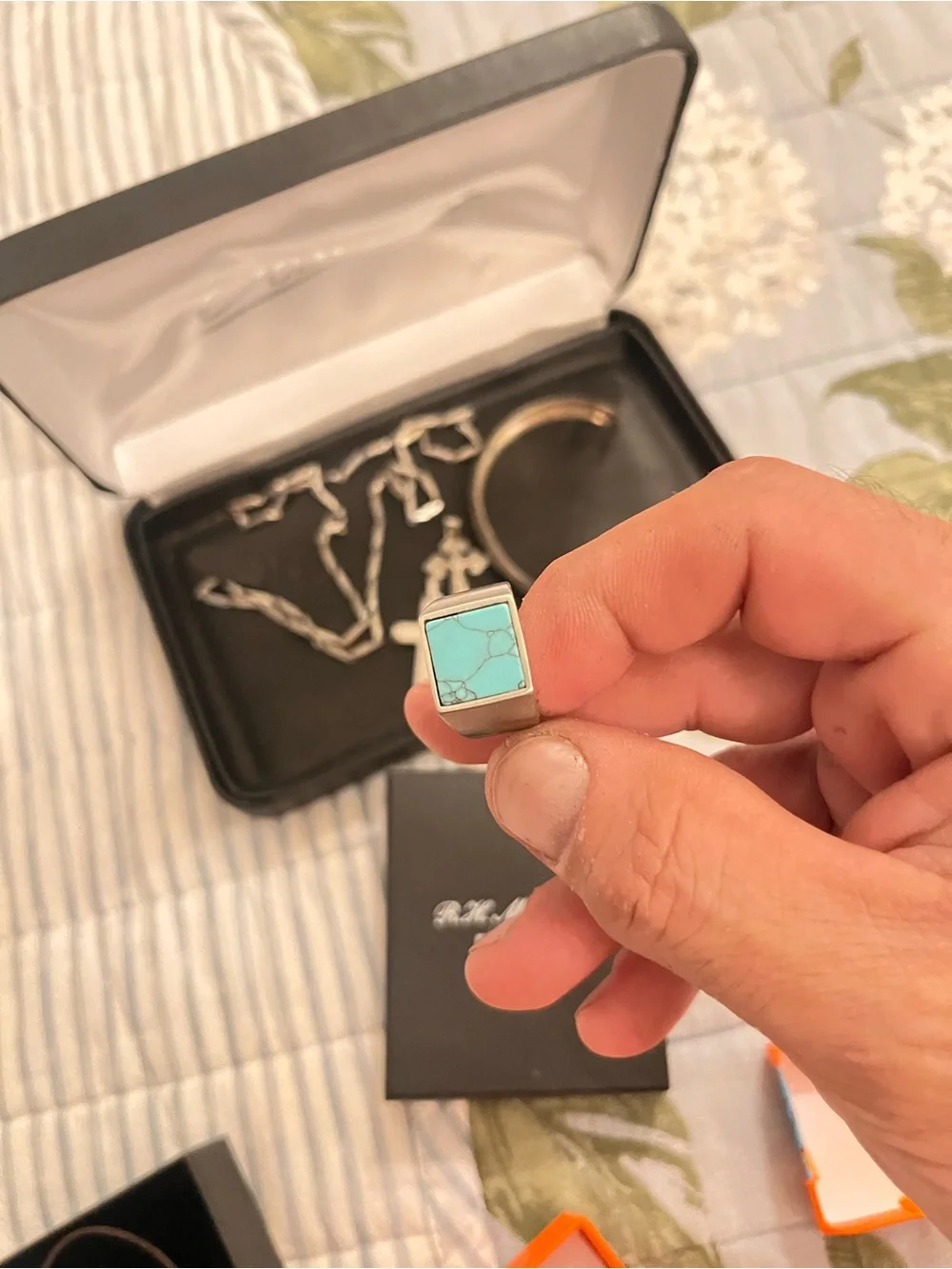 Men's Turquoise Stone Stainless Steel Signet Ring - Blue size 8